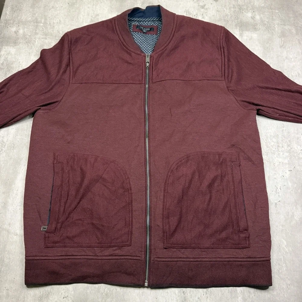 Ted Baker London Mens Size 6 Burgundy Zip Up Bomber Sweater Jacket Fleece